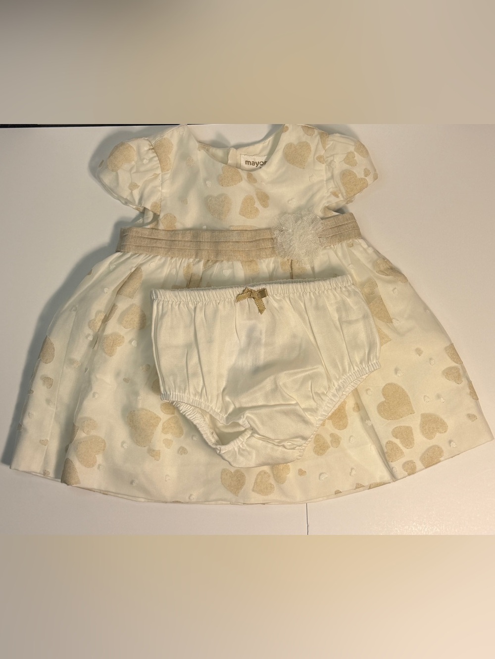 Mayoral Baby Girls Ivory Beige Hearts Organza Dress Bloomers 1-2M